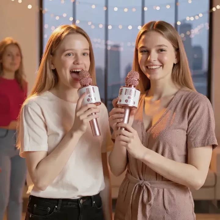 Funky Rico Inc - Wholesale Speakers - Karaoke LED Wireless Microphone with Power Bank - Rose Gold3