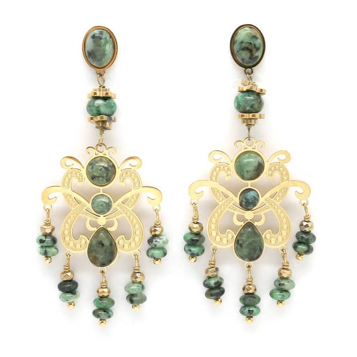 Ljuskrona Afrikansk Turkos och Guld Dinglande Örhängen - E4-280 för wholesale av LIZOU
