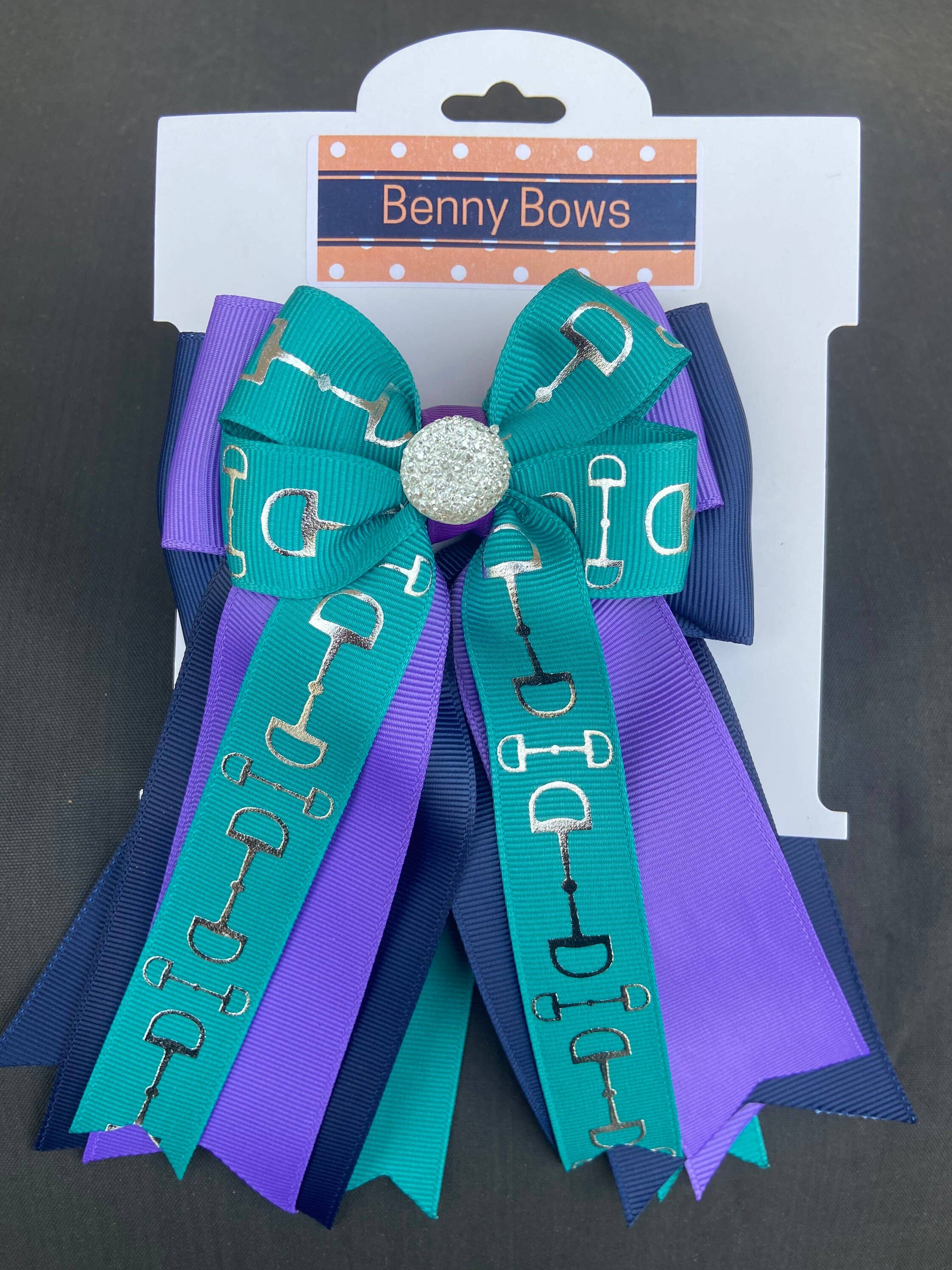 Benny Bows - Wholesale Hair Bow - Kids - Horse Show Bows - Teal Bits on Navy with Purple1