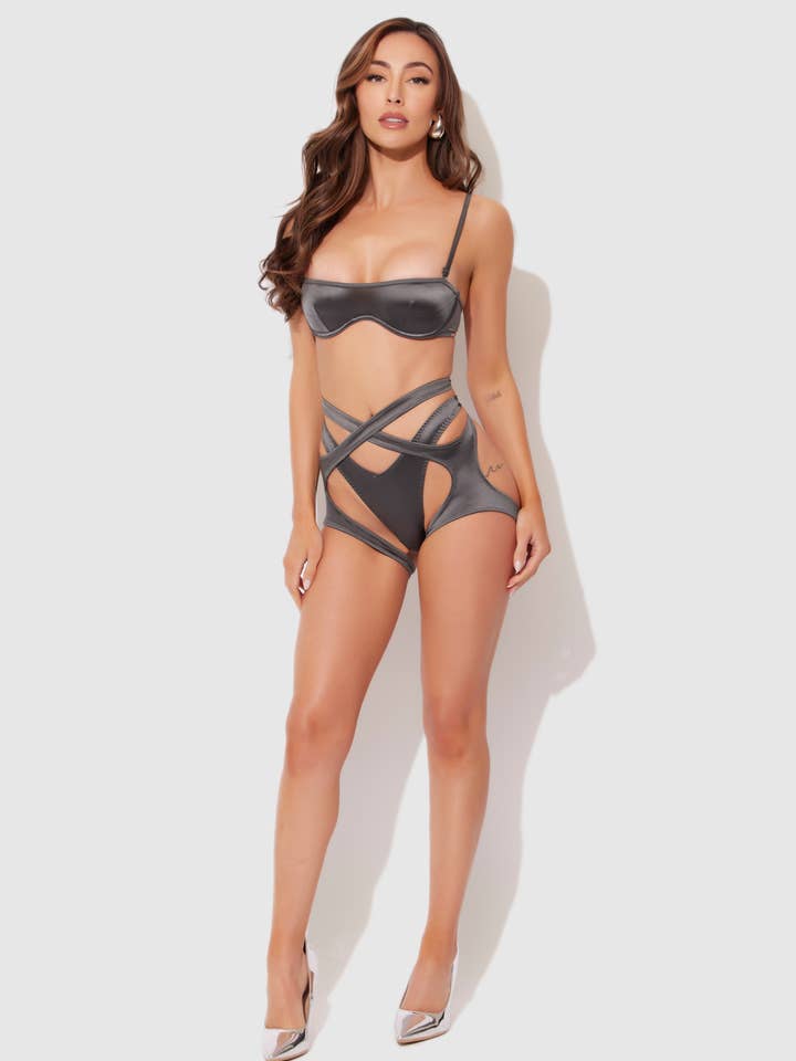 House of Desire - Wholesale Lingerie Set - Women's - ZOE OIL SLICK BANDEAU BRA, WRAP GARTER & TANGA SET29