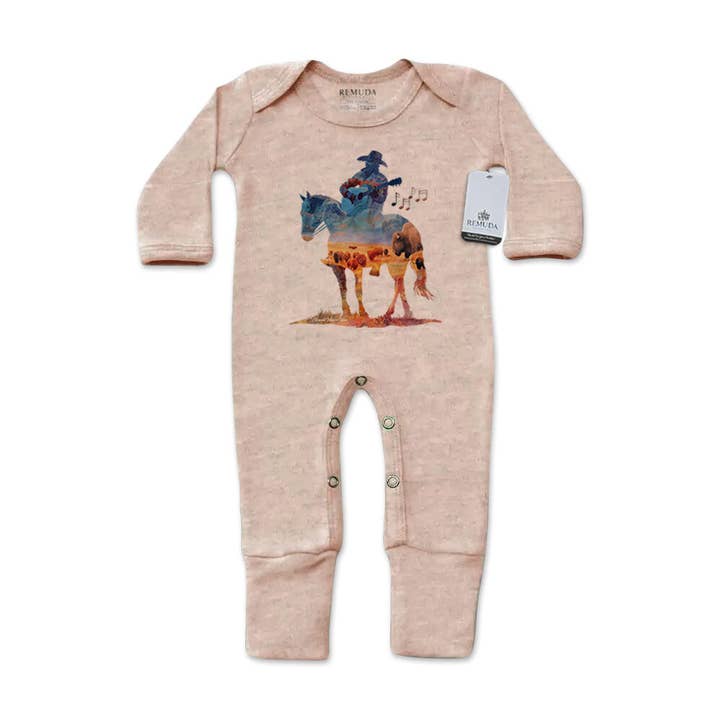 Where The Buffalo Roam - Infant Western Watercolor One-Piece Footed Pajamas W/Mittens for wholesale by Remuda Western Wear