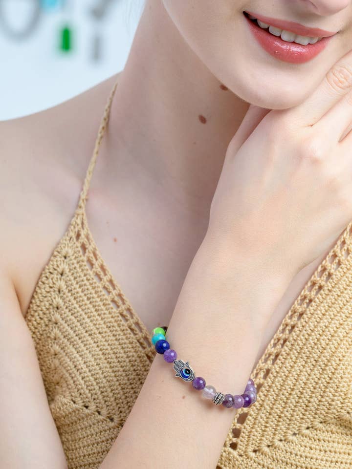 7 Chakras Amethyst with Hamsa Bracelet for wholesale by Henna Shoppe