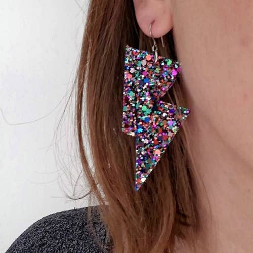 All The Discos – wholesale Dangle earrings – Medium Deep Purple Glitter Lightning Bolt Earrings1