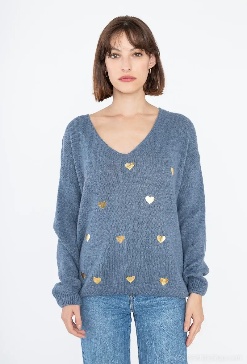 Mimi & Gogo - Venta al por mayor Jersey de punto - Mujer - Suéter con corazones dorados @20127_PullOrCoeur1