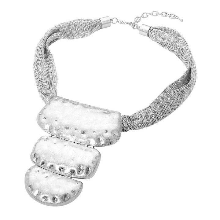 Sensibling Corp. - Wholesale Pendant/charm necklace - Hammered Geometric Metal Pendant Mesh Fabric Necklace4