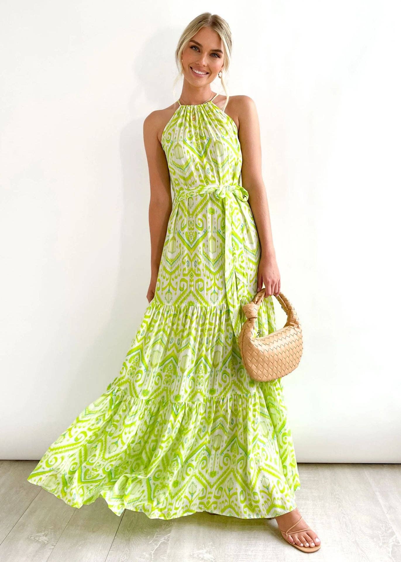 Green Ladies Strape Shoulder Argyle Print Daily Midi Dress 23278 for wholesale on Faire0