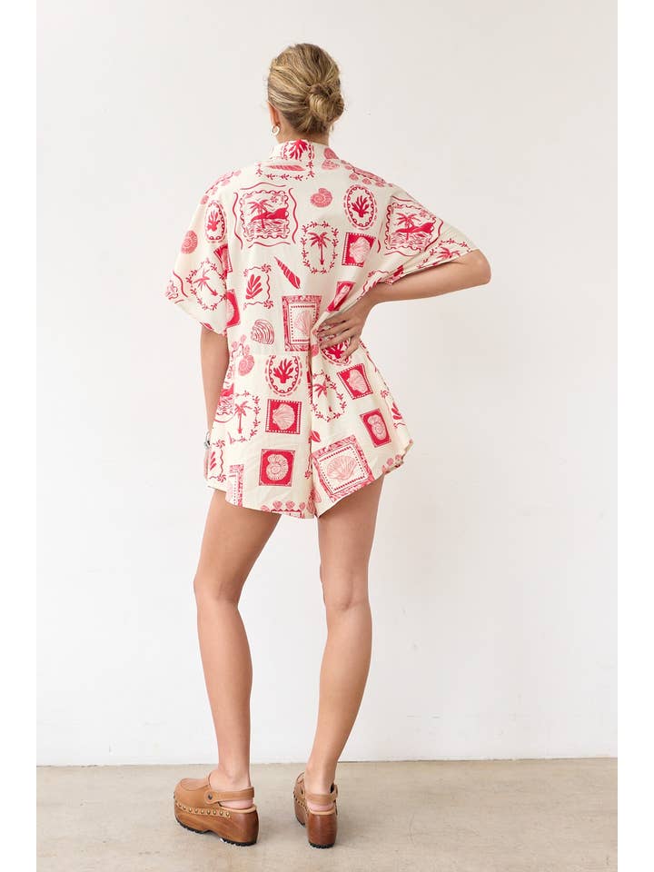 RED PALM TREE PRINT SHIRT ROMPER - RJP1013 for wholesale on Faire