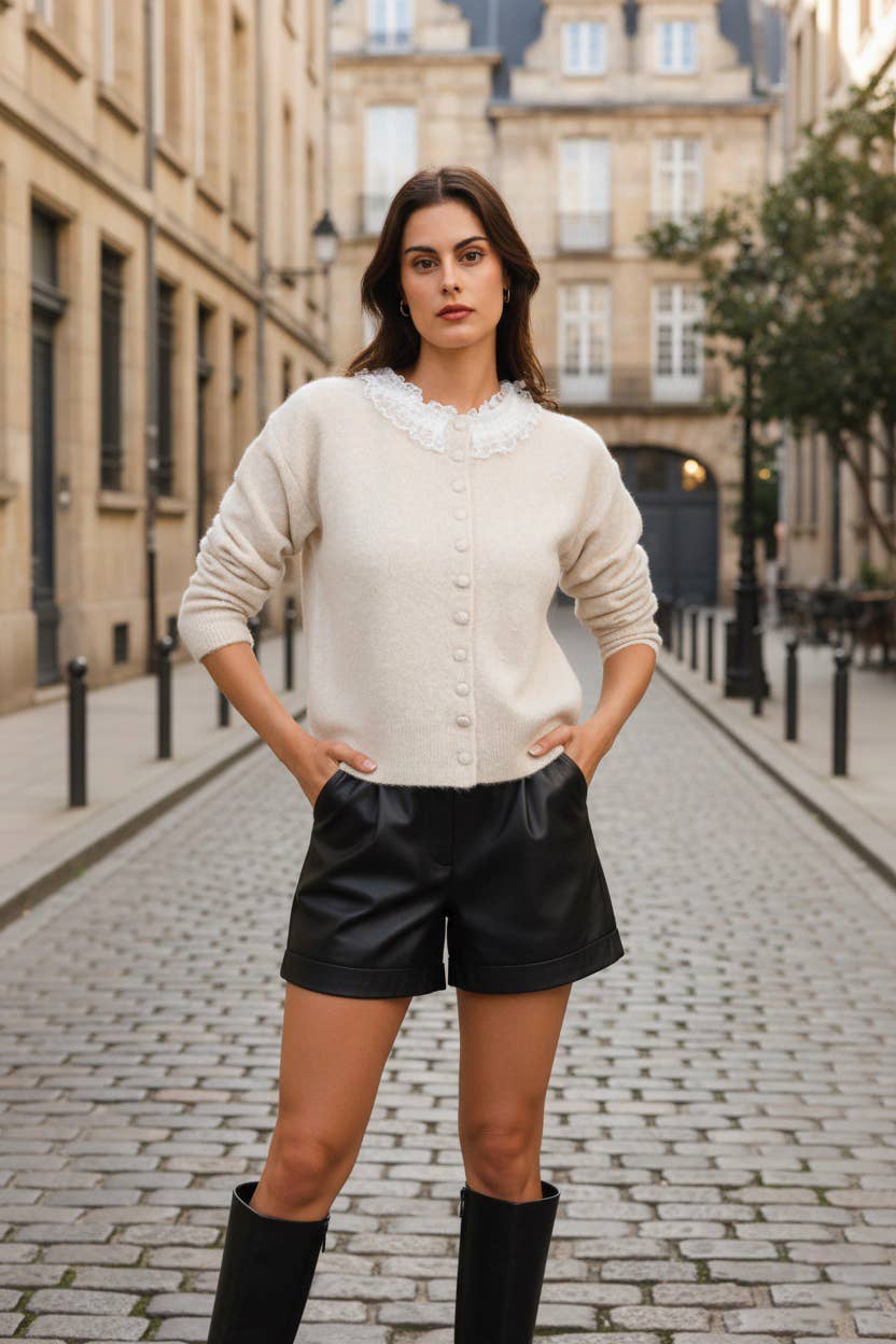 MOOYA - Vente Cardigan – femme - Gilet maille uni avec col en dentelle SCF0070