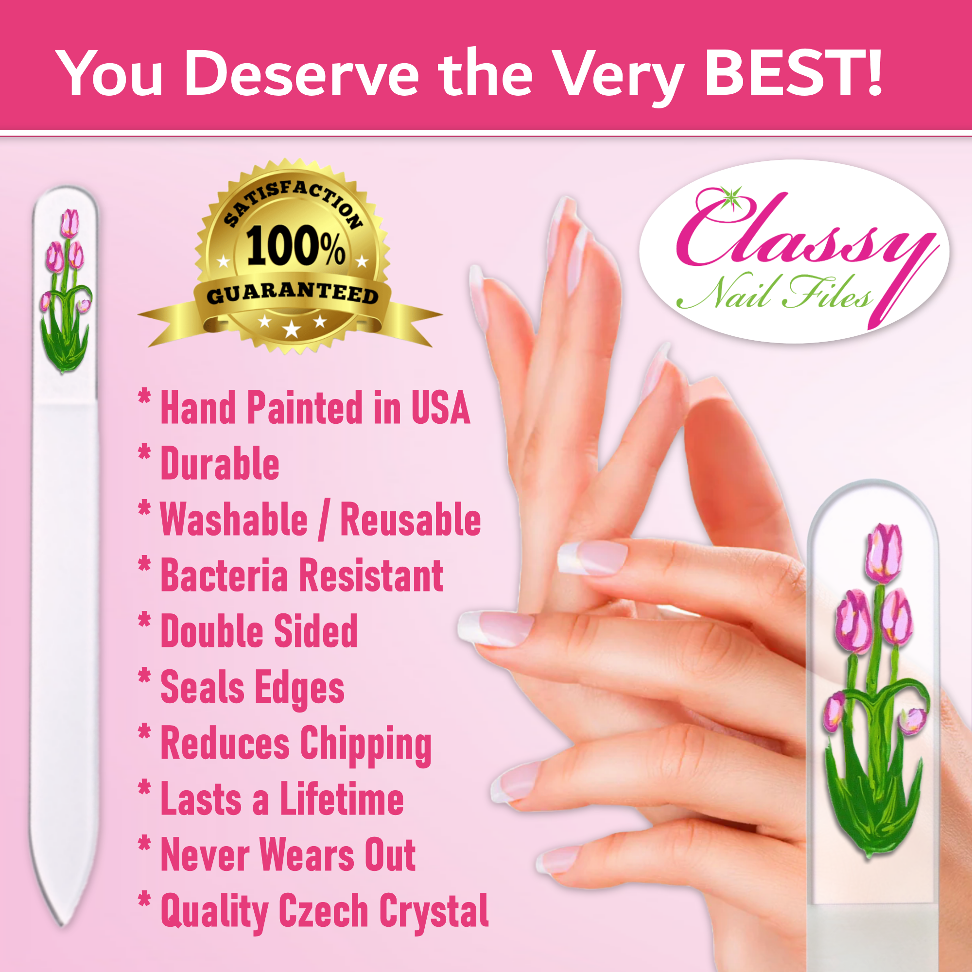 Classy Nail Files – wholesale Nail file – Pink Tulips Spring Flowers Hand Painted Crystal Nail File2