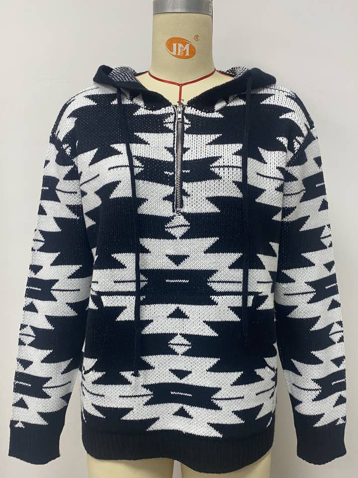 Women Aztec Black and White Half Zip Hooded Pullover for wholesale by Kamana