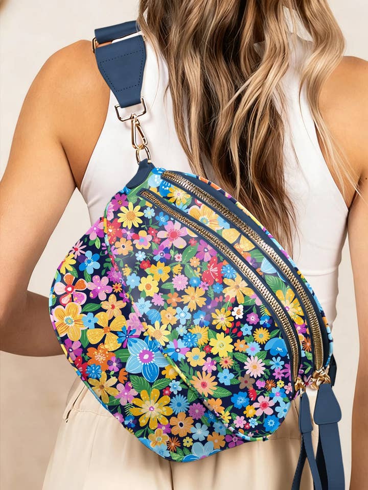 Black Floral Printed Double Zip Crossbody Bag for wholesale by Our Home to Yours Candles & Gifts