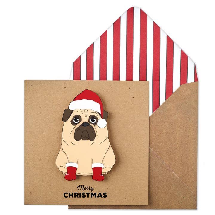 Pug de Noël, Carte de Vœux Artisanale pour la vente par Tache