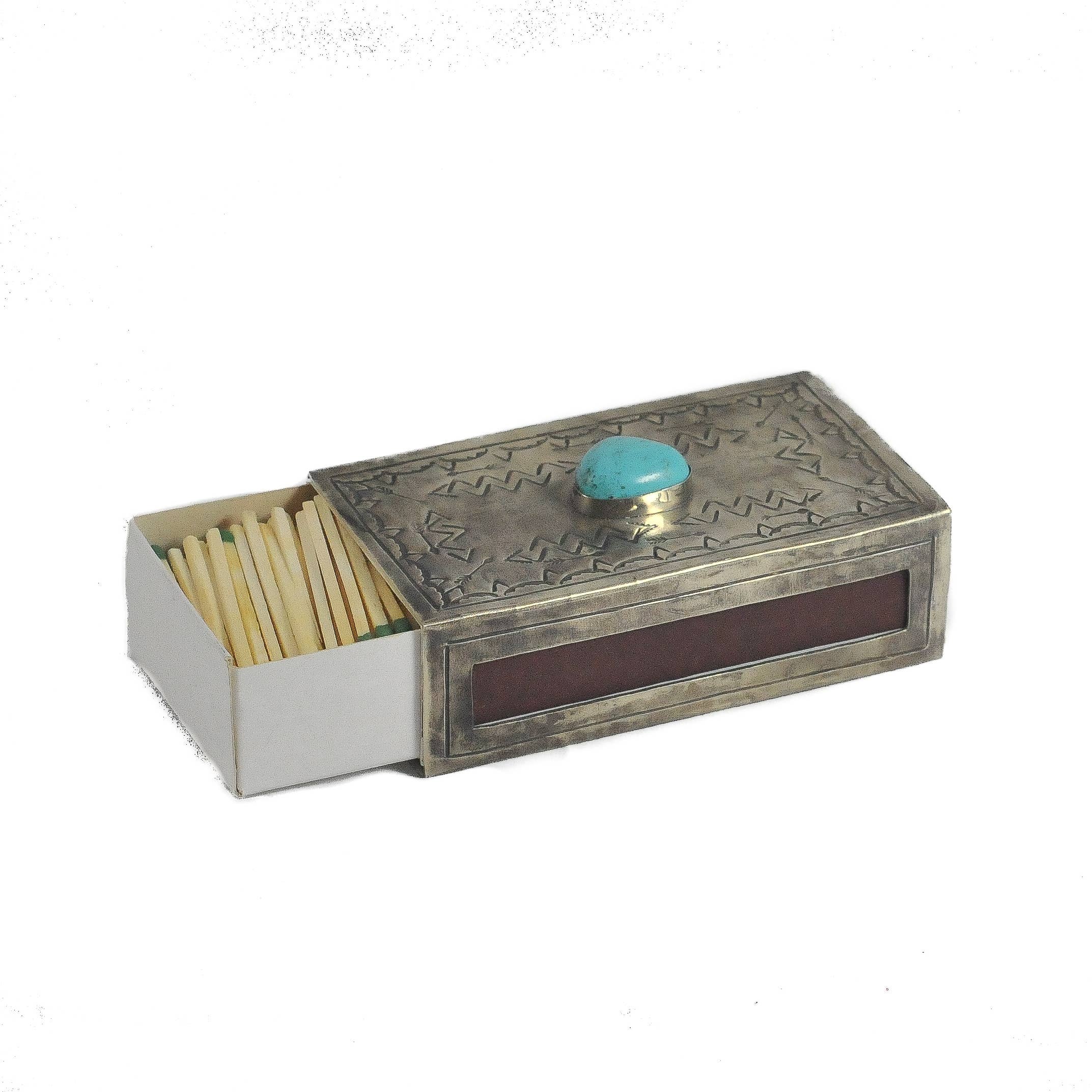 J.Alexander Rustic Silver - Wholesale Decorative Box - WJA-018-T  LARGE STAMPED MATCHBOX COVER W/TURQ1