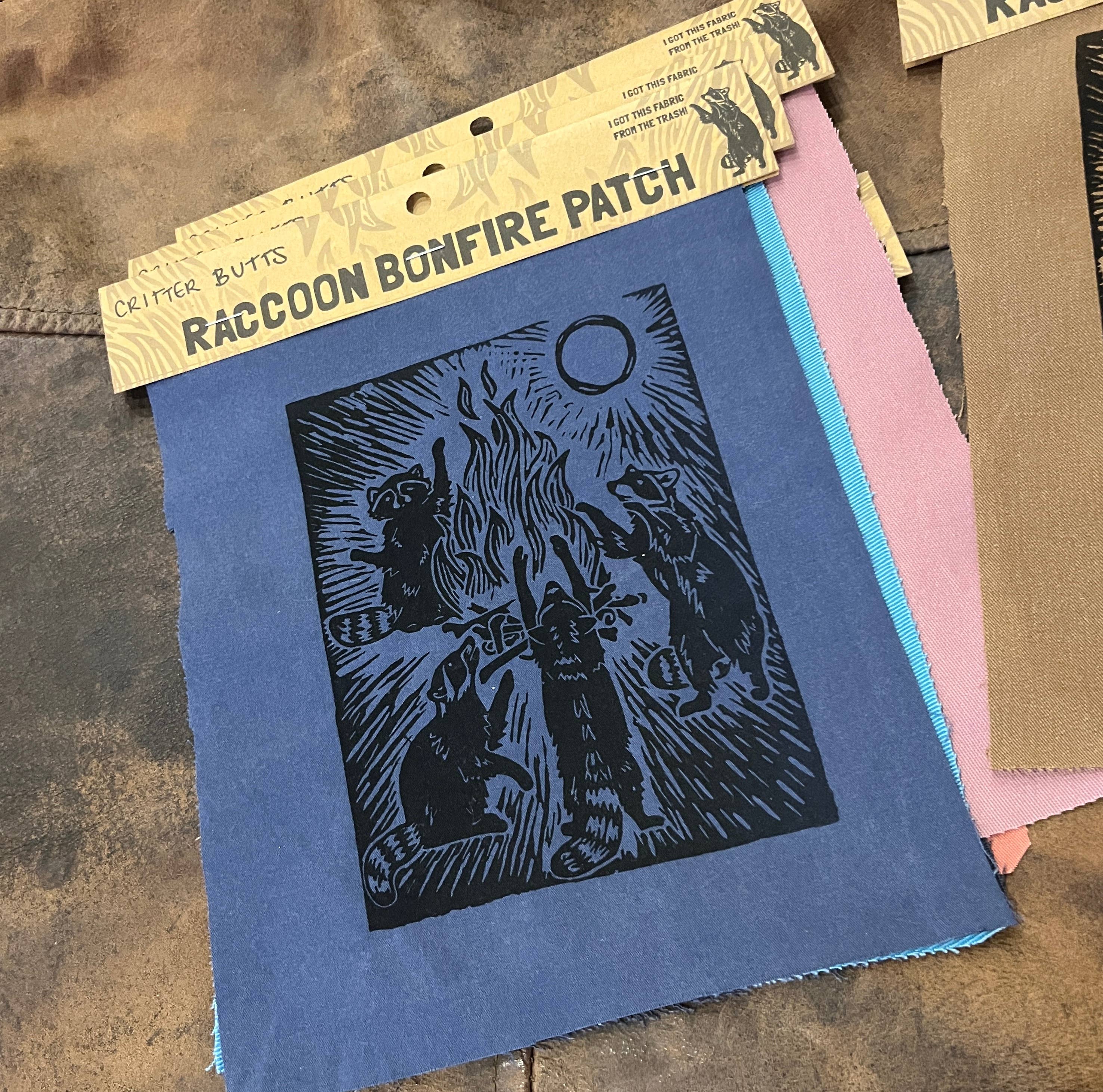 Critter Butts - Wholesale Patch - Raccoon Bonfire Patch - Screen print on thrifted denim3