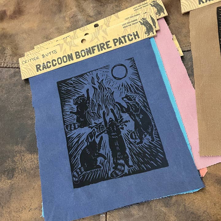 Critter Butts - Wholesale Patch - Raccoon Bonfire Patch - Screen print on thrifted denim3