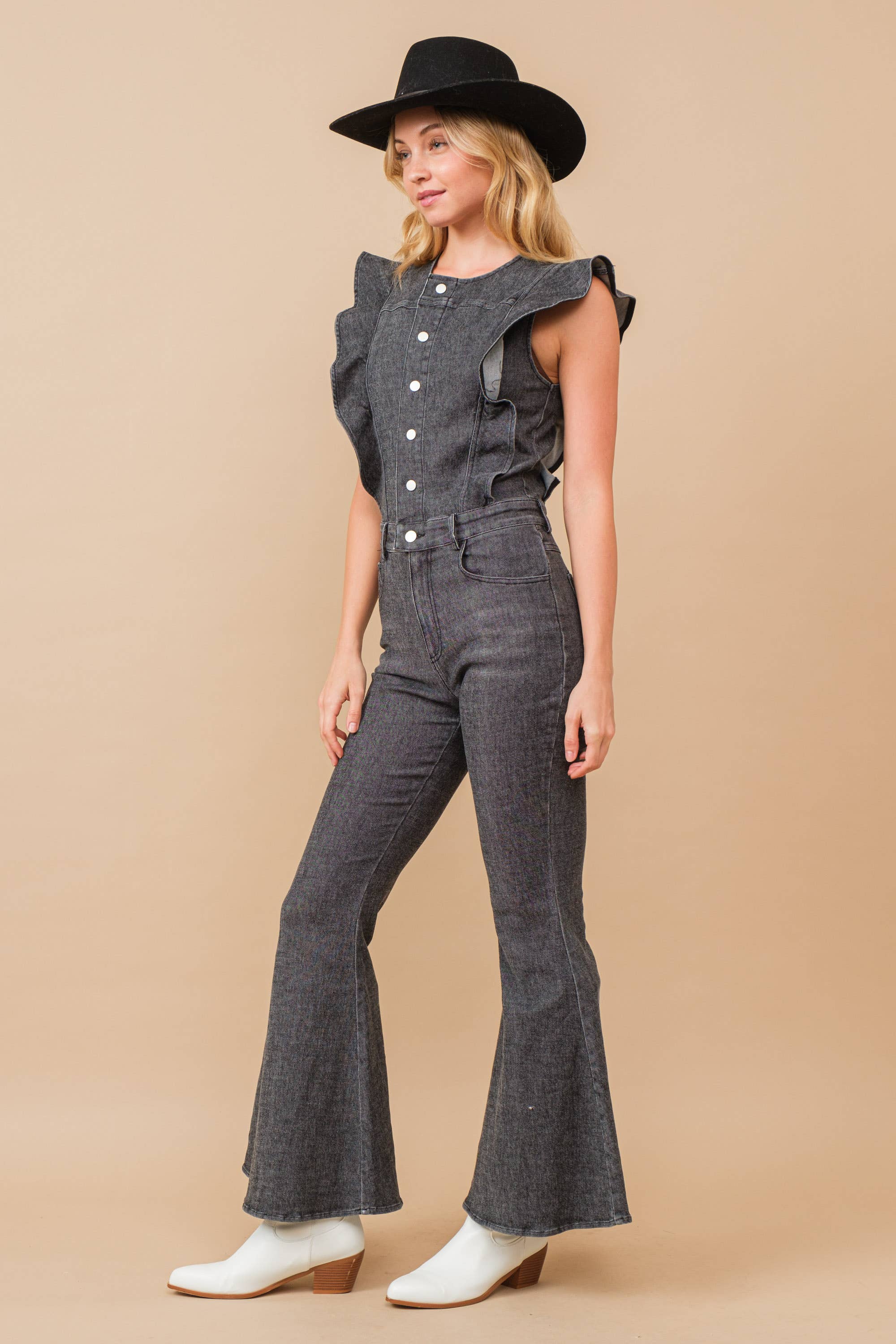 Blue B - Vendita all'ingrosso Tuta intera - Donna - 22646R - Tuta in denim SLV con bottoni e fondo a campana14