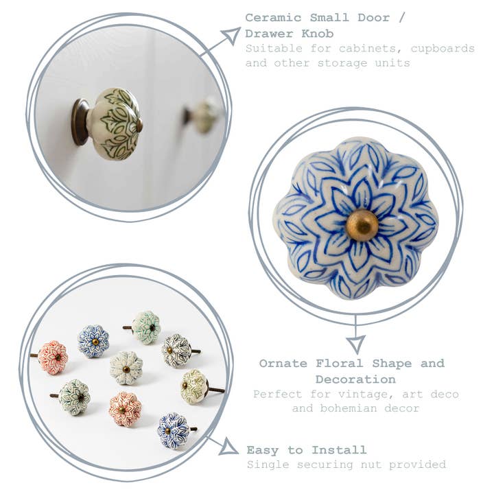 Rinkit Pty Ltd - Wholesale Knob/Pull - Nicola Spring Ceramic Drawer Knob - Vintage Flower - Dark Green