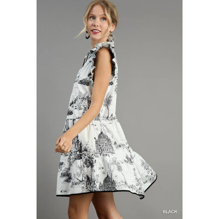 BNS - Vente Robe – femme - Robe à manches volantées à imprimé paysage avec passepoil12