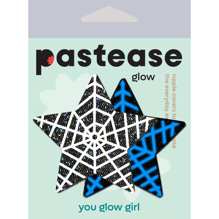 Pastease® - Wholesale Tepelcovers - Dames - Zwarte glitter met Glow in the Dark Web Ster Nipple Pasteitjes