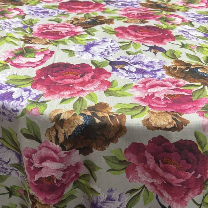 Fuchsia SPRING GARDEN Floral Digital Print Tablecloth – Custom Size Wedding & Home Décor Linen for wholesale by The Tablecloth Store