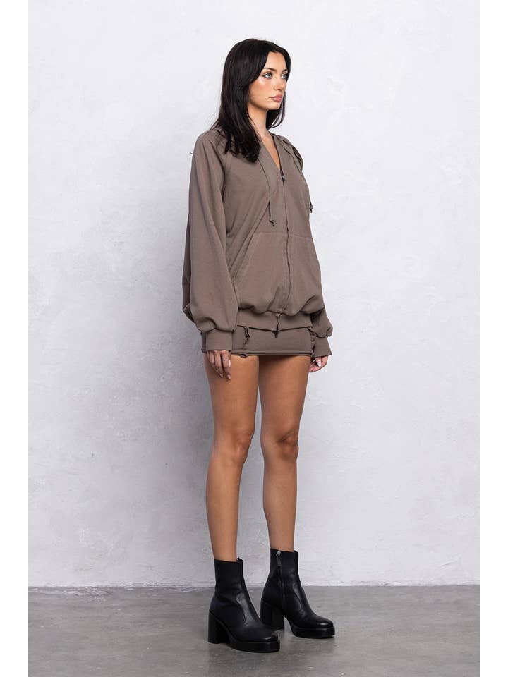 No Vacancy - Wholesale Top & Skirt Set - Women's - Raw stitch detail loose fit zip up and mini skirt set