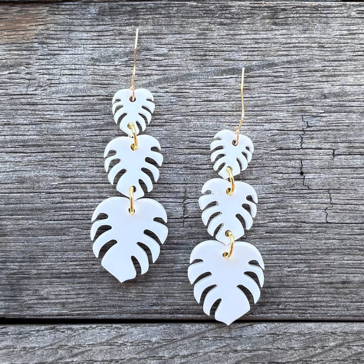 Monstera Stacks - Matte White - Acrylic Earrings for wholesale by Be Like Missy