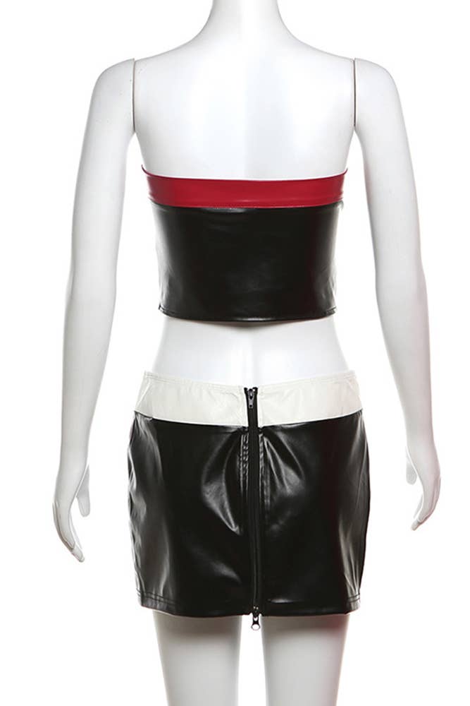 Red PU Leather Zipper Colorblock 2PCS Short Set ZK1580 for wholesale on Faire3