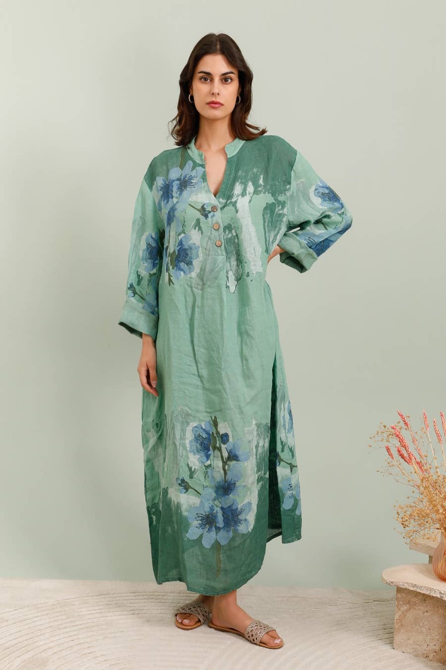Lea & Luc - Grandes Tailles - Wholesale Dress - Women's - Floral print dress in 100% Linen REF. 722308