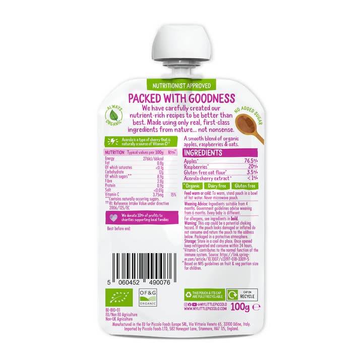Piccolo Foods – wholesale Baby food – Piccolo Organic Apple & Raspberry 100g Baby Food Pouch1