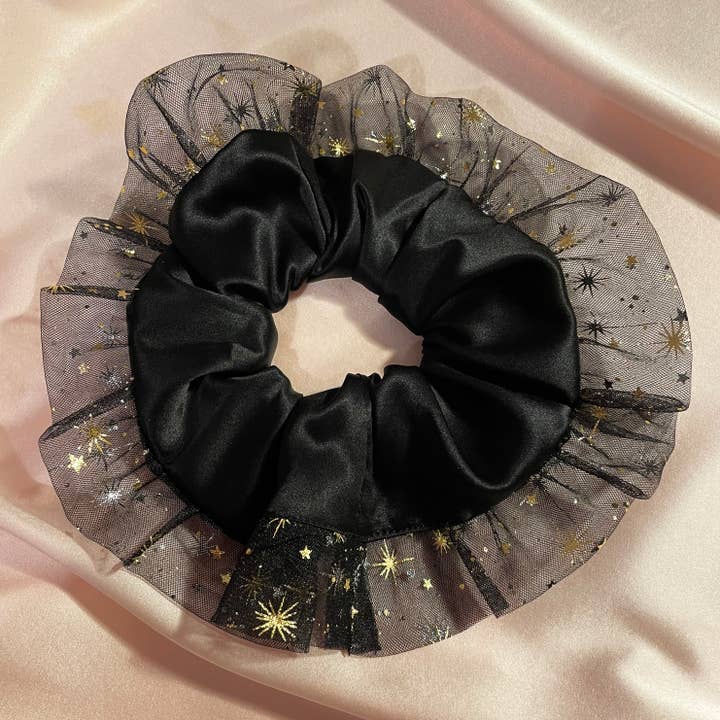Maisie Onyx Double Ruffle Sparkle Tulle and Silk Scrunchie for wholesale by Mille Saisons
