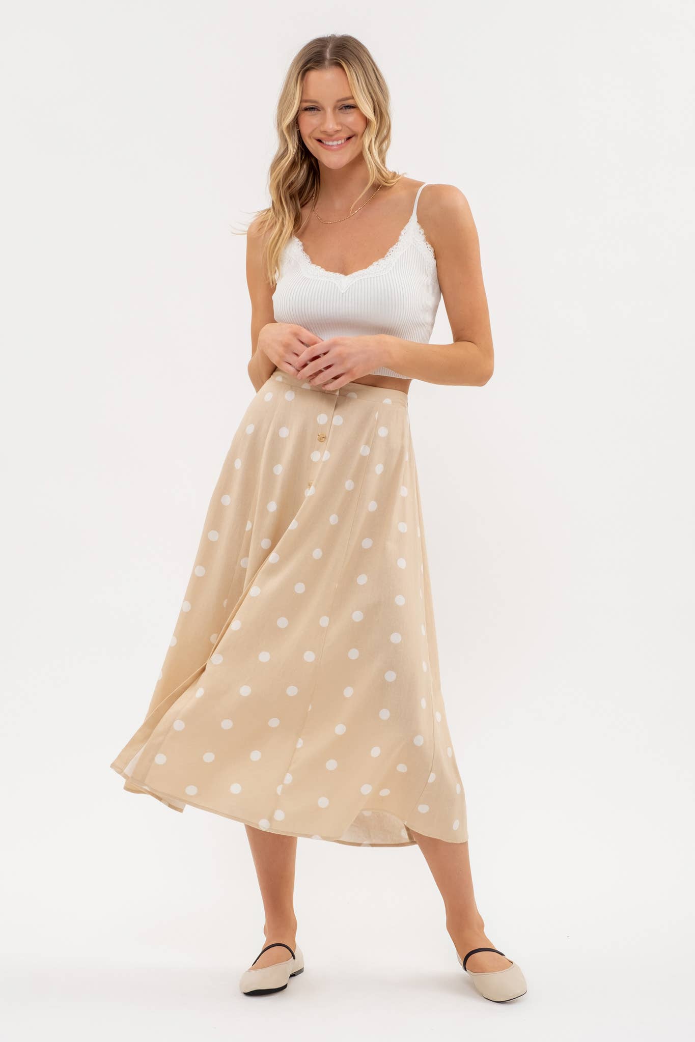 Blu Pepper - Wholesale Skirt - Women's - POLKA DOT BUTTON DOWN MIDI SKIRT7