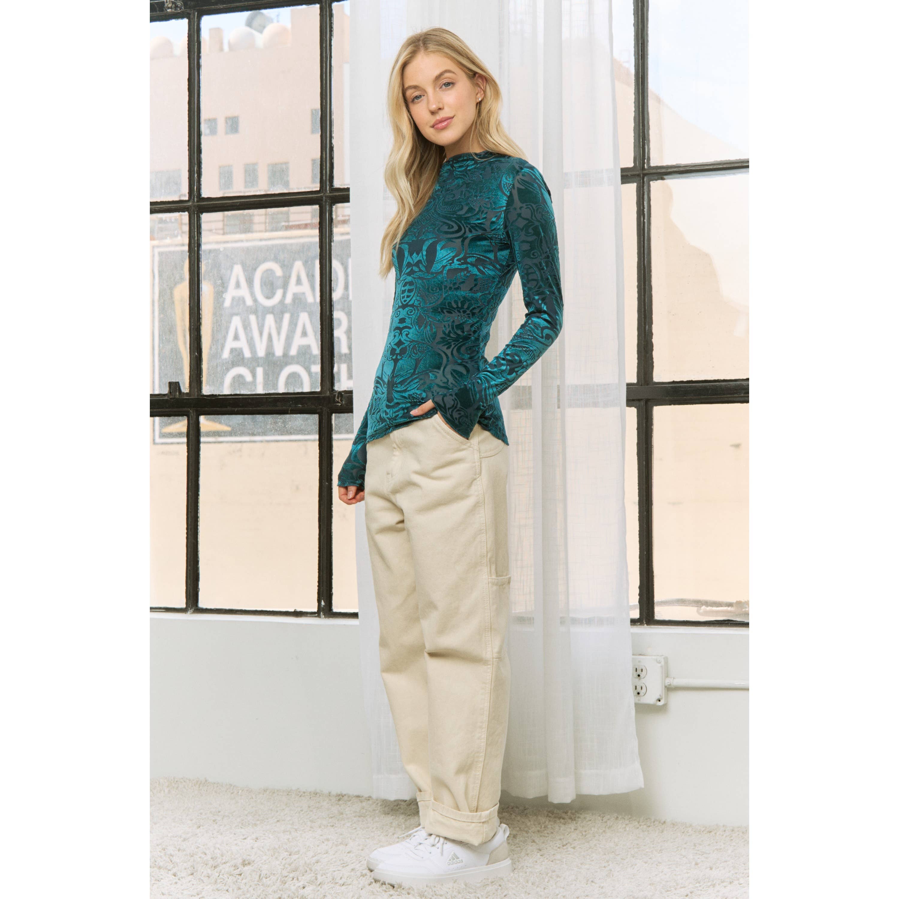 Sweet Generis - Wholesale Knit Top - Women's - VELVET BURN OUT SLIM FIT HIGH NECKLINE TOP7