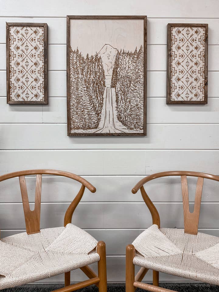 3 Piece Hand Sketched Mt. Hood Forest Road with Aztec Wood Artwork for wholesale by Birch and Home Handmade