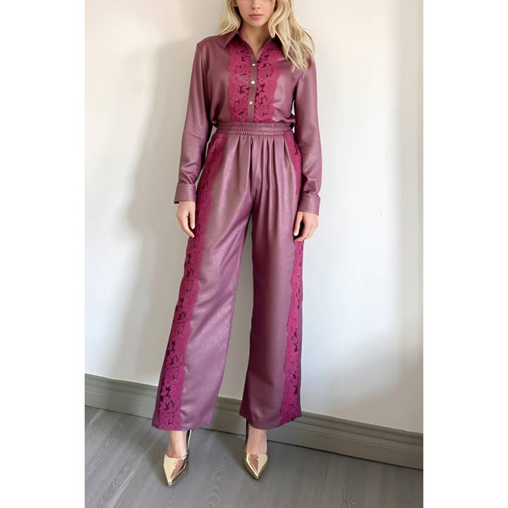 Ensemble Chemise et Pantalon en Dentelle Florale Métallique X9455CS pour la vente par XHHH Inc