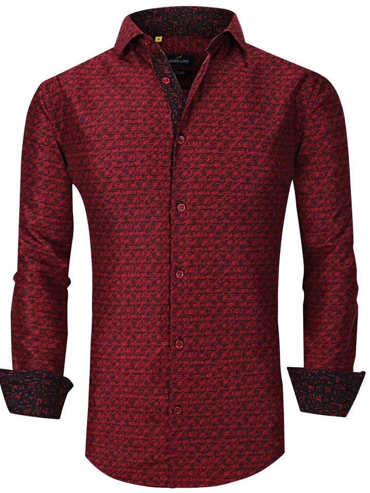 Klassisches Geo Micro Bedrucktes Langarmhemd - Burgundy für den Großhandel von Suslo Couture