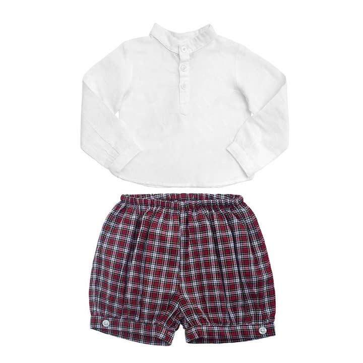 Gift Set Boys French Collar White Shirt and Tartan Shorts Holiday Set for wholesale by Louelle.