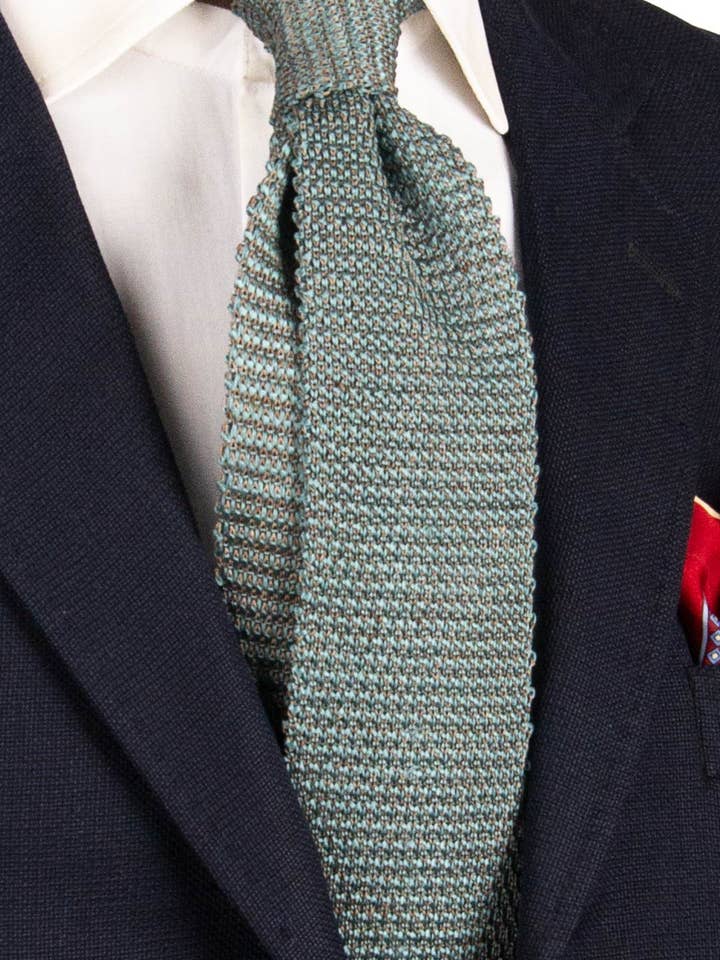 Turquoise Beige Patterned Silk Cotton Knit Tricot Tie TRI847 for wholesale by Graffeo Cravatte