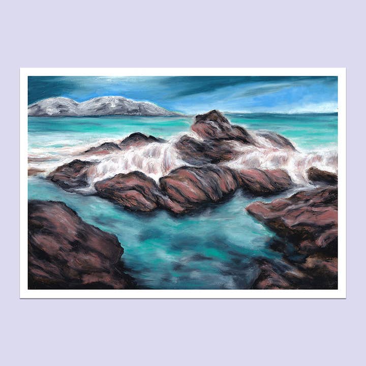 Ocean Rocks – A4 Oil Pastel Landscape Art Print for wholesale by Lucy Locks Art