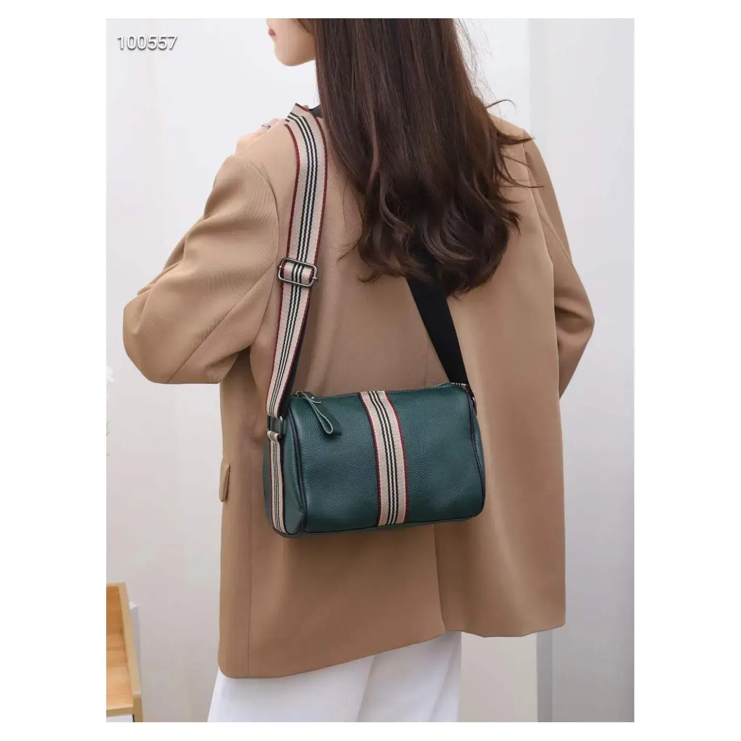 Superbia - Vente Sac porté épaule – femme - Sac tonneau en cuir véritable avec sangle en toile à rayures-Ytb-8181