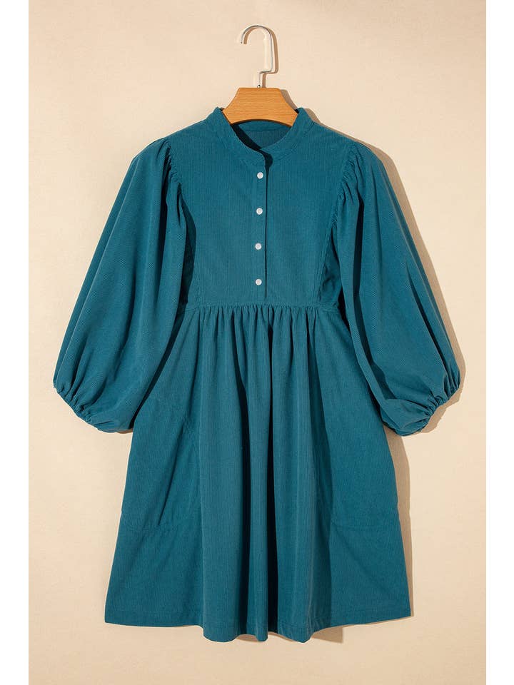 PRETTY BASH - Wholesale Dress - Women's - Solid Corduroy 3/4 Sleeve Snap Button Dress4