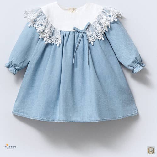 Omnis Pura - Wholesale Dress – Baby - Baby Girl Denim Lace Dress (9–24 Months) – Long Sleeve