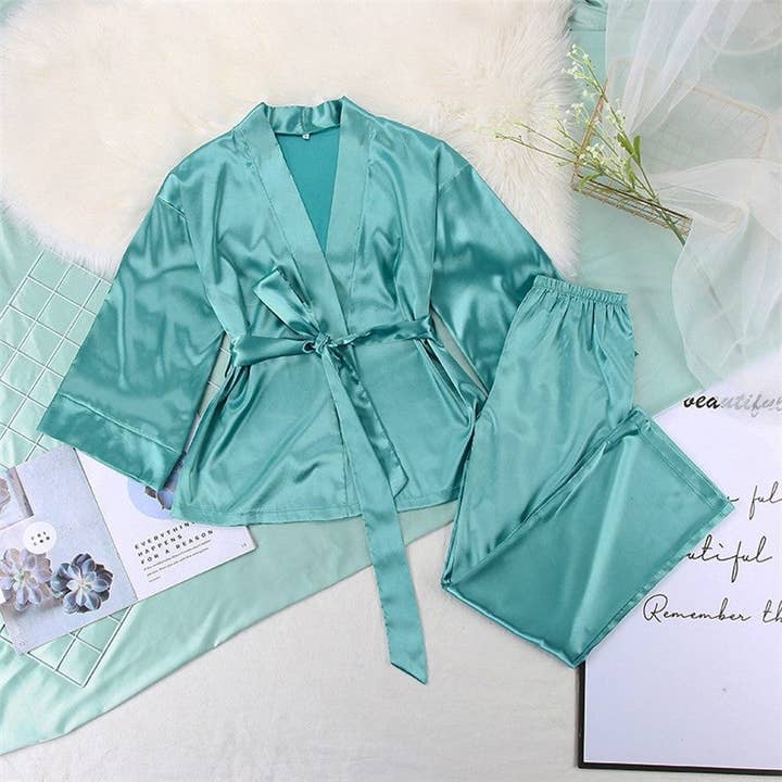 UZ Wholesale Store - Wholesale Lounge set – Women's - Solid Color Satin Lace-Up Robe and Pants Set8