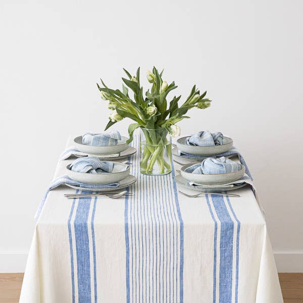 LinenMe – wholesale Tablecloth – Linen Tablecloth Off White Blue Tuscany, Striped, Prewashed