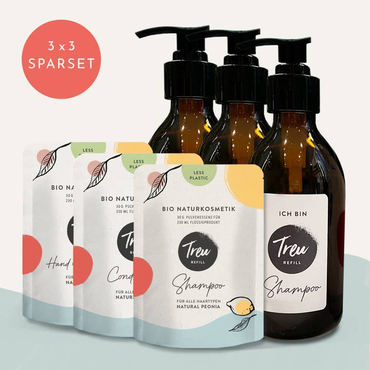 Starterset Shampoo, Conditioner, Hand & Body Wash + Flasche für den Großhandel von Treu-Refill