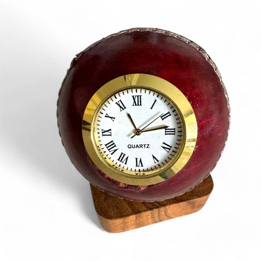 SPORTGIFTZ – wholesale Desk clock – CRICKET-GIFTS - Quartz Cricket Ball Clock | Unique Sporting Design | Durable Leather & Brass | Precise Timekeeping | Decorative Centrepiece, Red, One Size, Wood2