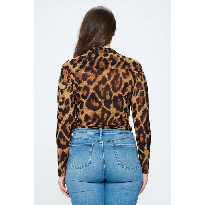 Curve Market – wholesale Bodysuit – Women’s – PLUS SIZE MESH LEOPARD PRINT SURPLICE COLLARED BODYSUIT