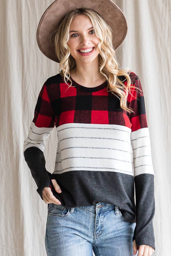 7th Ray - Wholesale Knit Top - Women's - Cozy Color Block Plaid Striped Thumbhole Pullover TopT4423-110