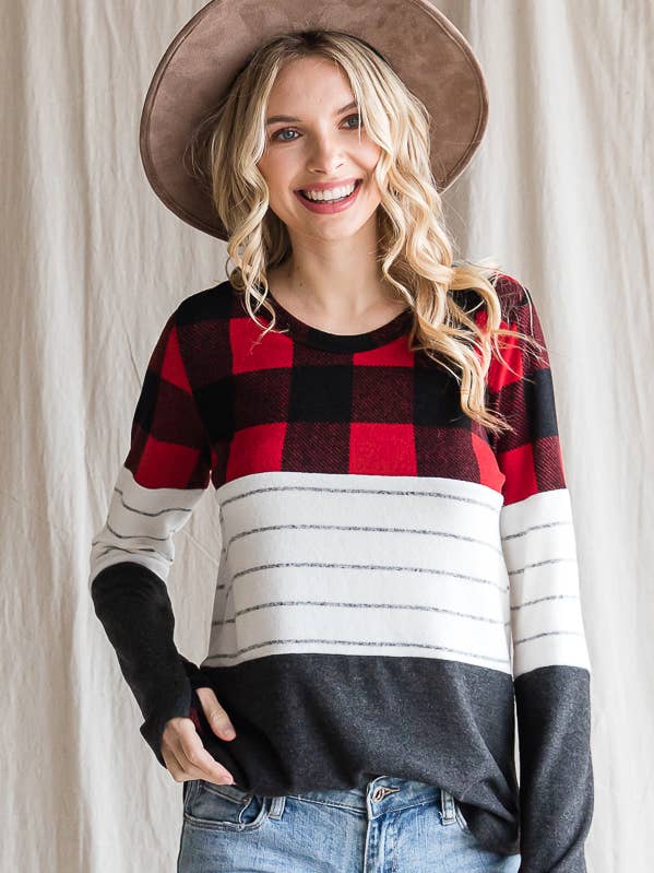 7th Ray - Wholesale Knit Top - Women's - Cozy Color Block Plaid Striped Thumbhole Pullover TopT4423-110