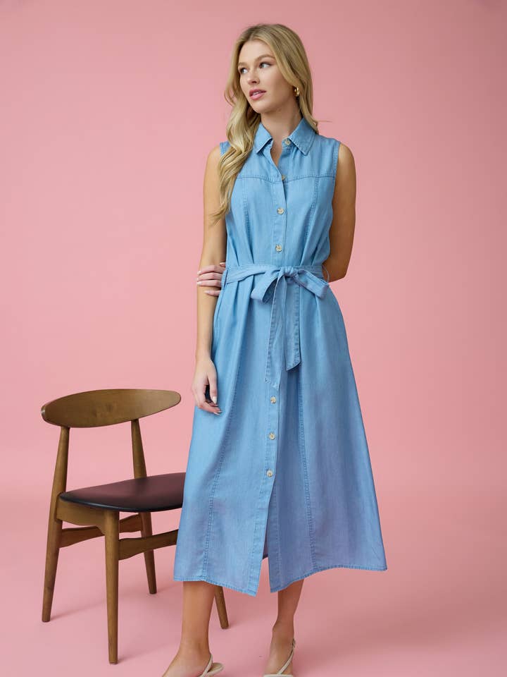 COLLARED SLEEVELESS BELTED CHAMBRAY MIDI DRESS for wholesale on Faire
