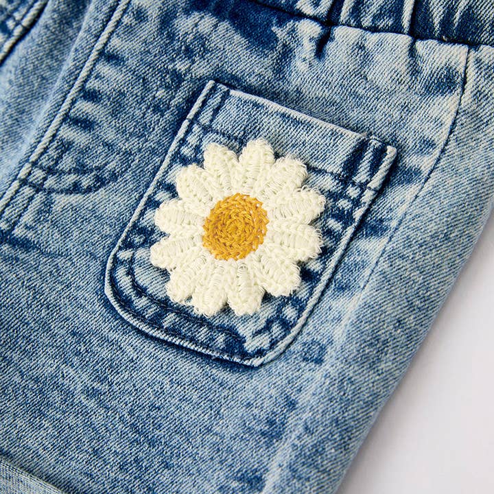 Auraquise - Wholesale Top & Short Set - Kids - Girls Summer Mustard Top Flower Denim Short Set